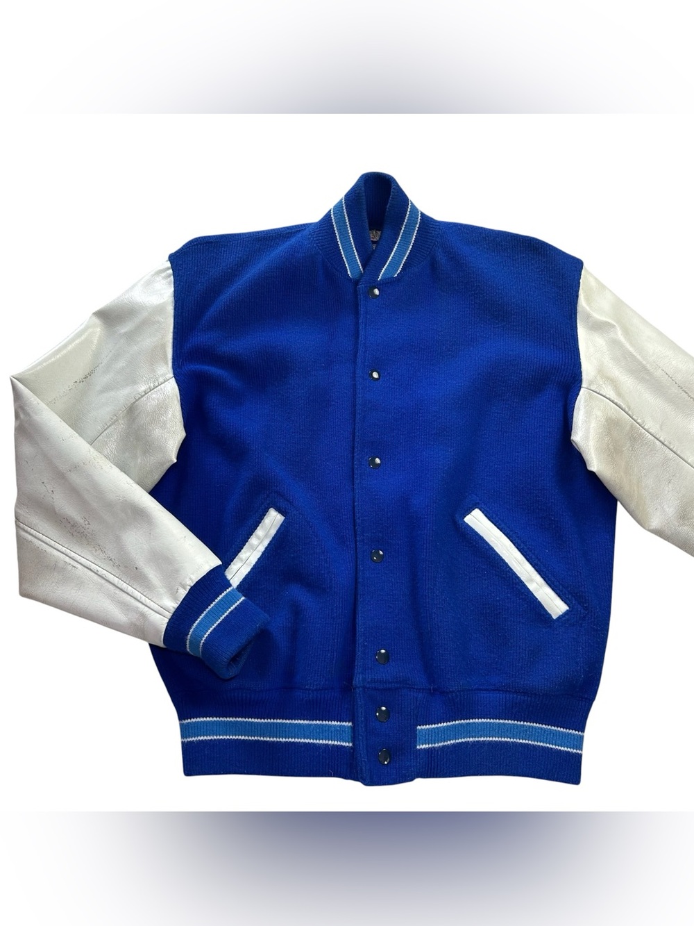 VTG 60s Sand Knit Varsity Jacket 46 XL Royal Blue Wool Distressed Letterman USA
